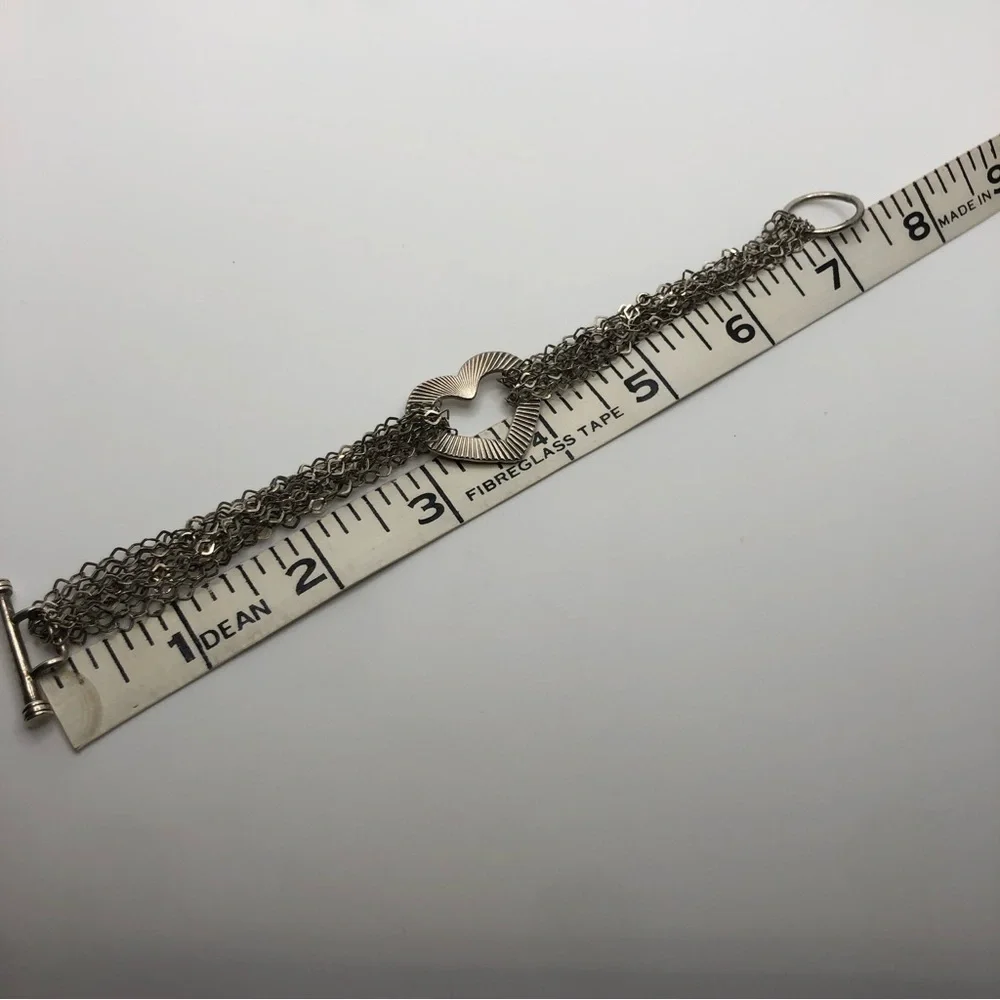 Vtg Sterling Silver Multi Strand Textured Heart Toggle Clasp Bracelet 7.5” - Picture 6 of 6